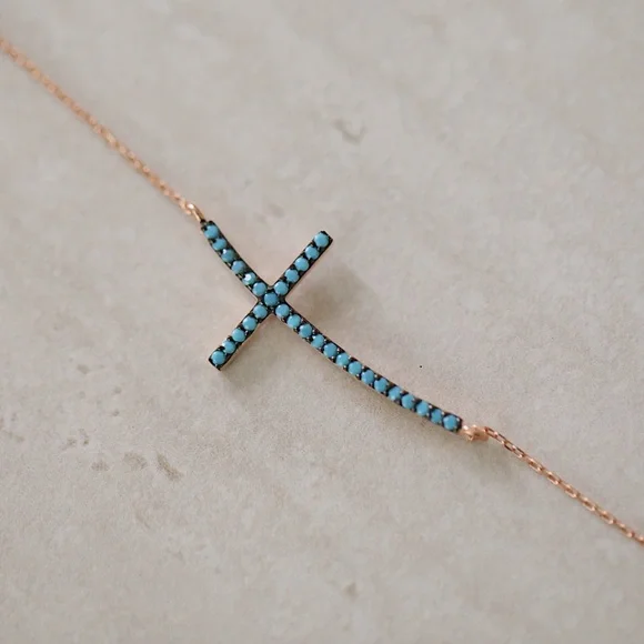 Turquoise Cross Necklace | 14k Rose Gold Plated - Picture 2 of 7